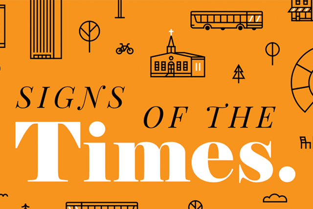 Orange background and black line art with text saying "Signs of the Times"